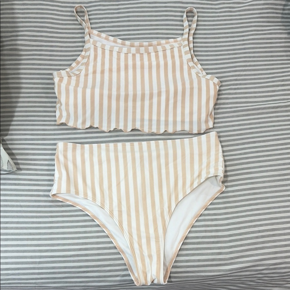Hollister Beige and White Striped High-Waist Bikini Set